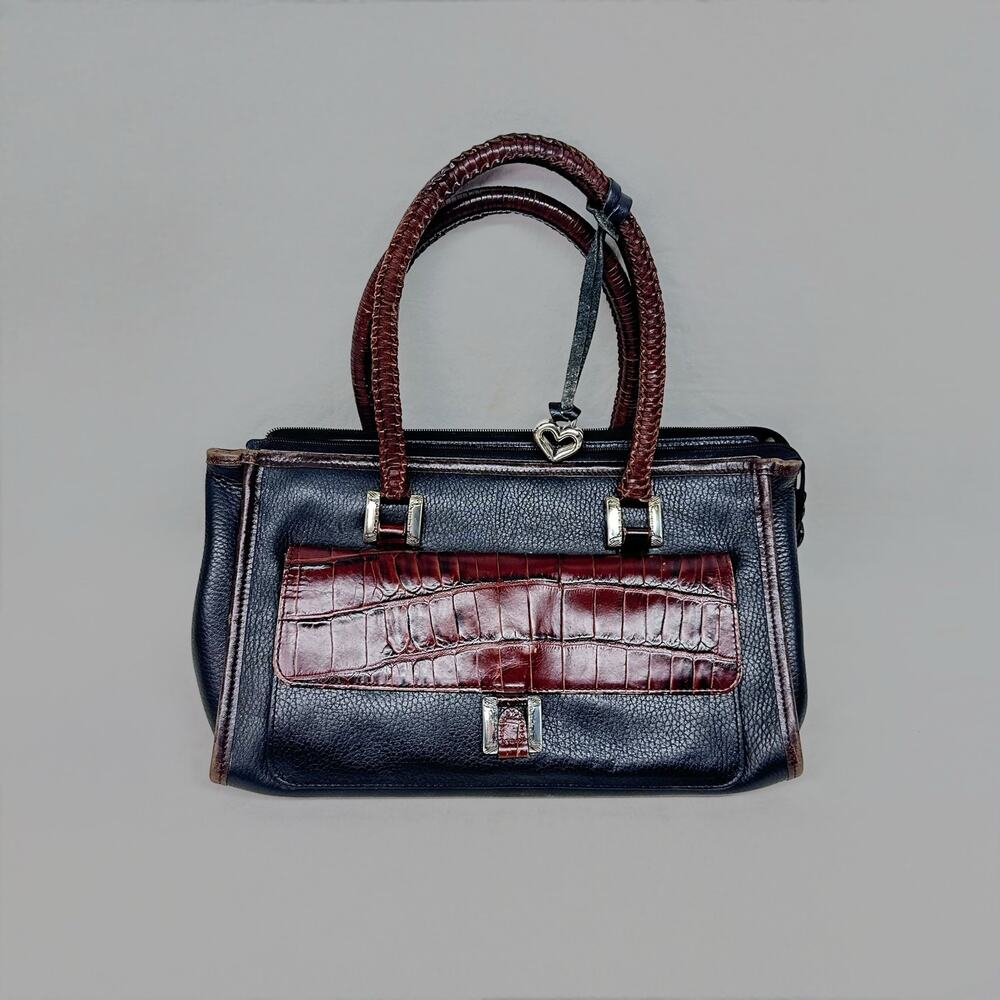 Vintage Brighton Black Leather Croc-Embossed Satchel Bag - Heart Charm Accent